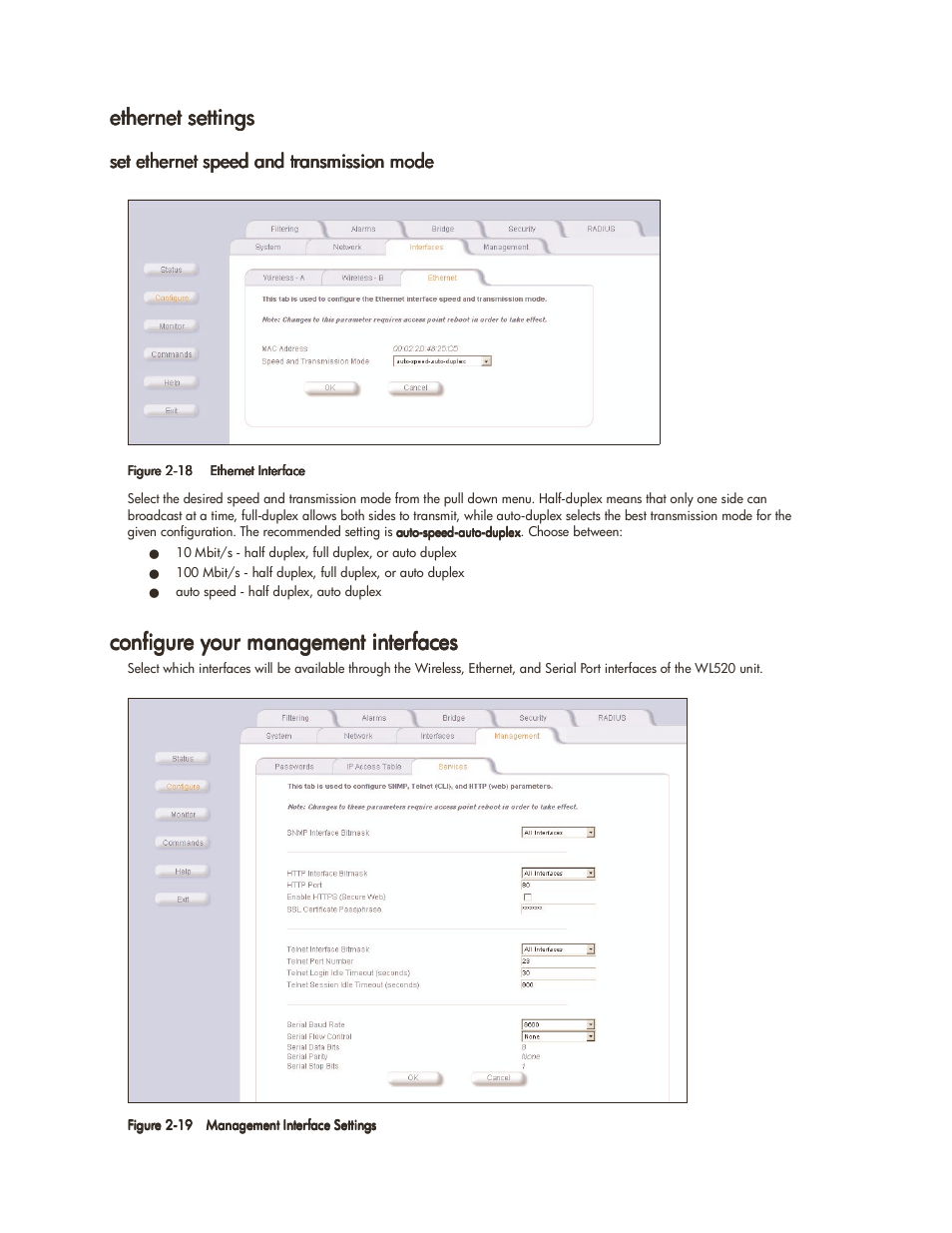 Ethernet settings, Set ethernet speed and transmission mode, Configure your management interfaces | Ethernet settings -19, Set ethernet speed and transmission mode -19, Configure your management interfaces -19 | HP ProCurve 520wl Wireless Access Point User Manual | Page 32 / 142