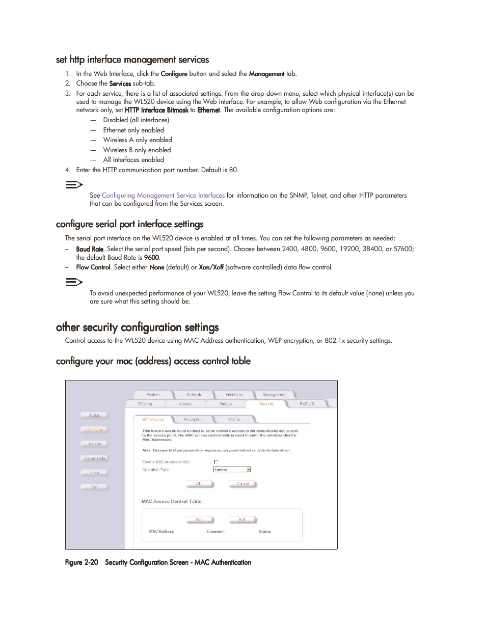 Set http interface management services, Configure serial port interface settings, Other security configuration settings | Configure your mac (address) access control table, Other security configuration settings -20 | HP ProCurve 520wl Wireless Access Point User Manual | Page 33 / 142