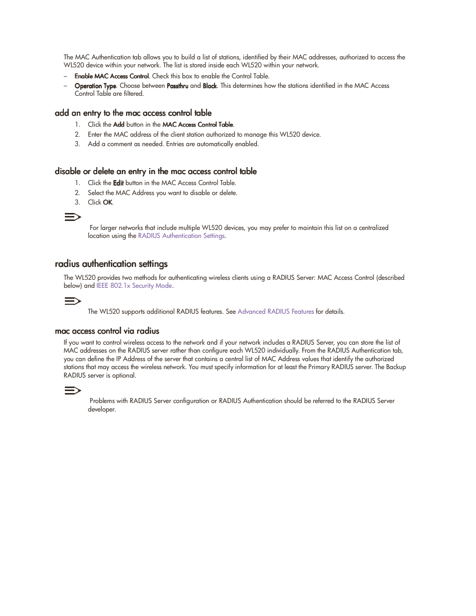 Add an entry to the mac access control table, Radius authentication settings, Mac access control via radius | Radius authentication settings -21, Mac access control via radius -21 | HP ProCurve 520wl Wireless Access Point User Manual | Page 34 / 142