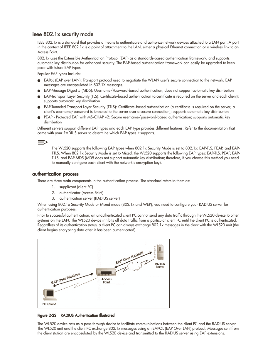 Ieee 802.1x security mode, Authentication process, Ieee 802.1x security mode -23 | Authentication process -23, Ieee, 1x security mode | HP ProCurve 520wl Wireless Access Point User Manual | Page 36 / 142