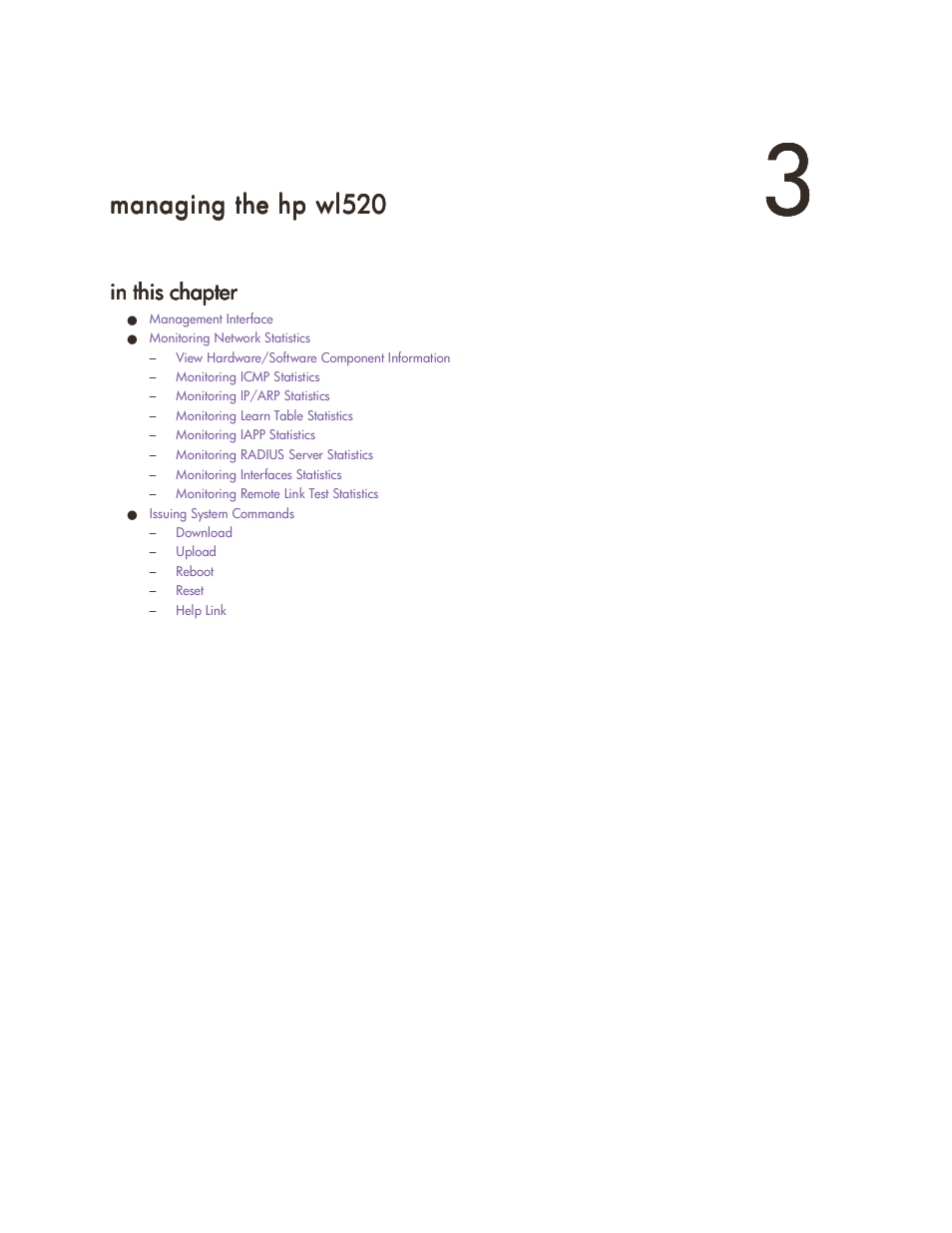 Managing the hp wl520, In this chapter, 333 man | Ng the, Managing the, Managing h hp, Hp wl520, Wl520, Agi t e hp wl520, 3 managing the hp wl520 | HP ProCurve 520wl Wireless Access Point User Manual | Page 39 / 142