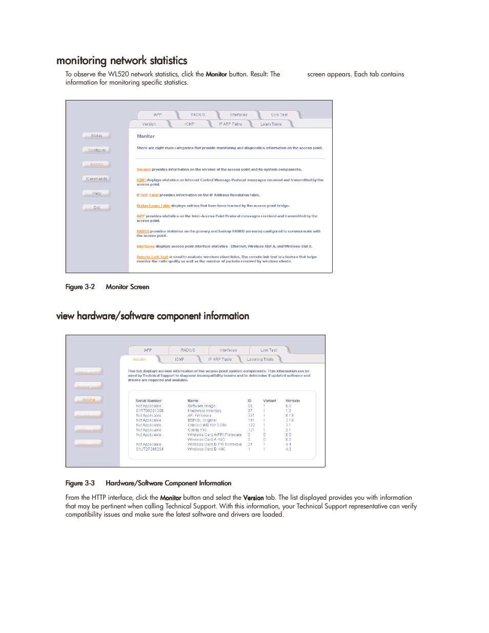 Monitoring network statistics, View hardware/software component information, Monitoring network statistics -3 | View hardware/software component information -3 | HP ProCurve 520wl Wireless Access Point User Manual | Page 41 / 142