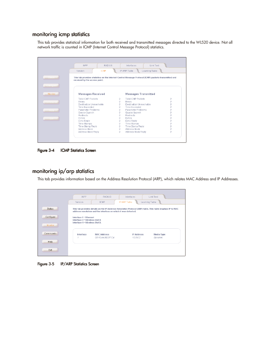 Monitoring icmp statistics, Monitoring ip/arp statistics | HP ProCurve 520wl Wireless Access Point User Manual | Page 42 / 142