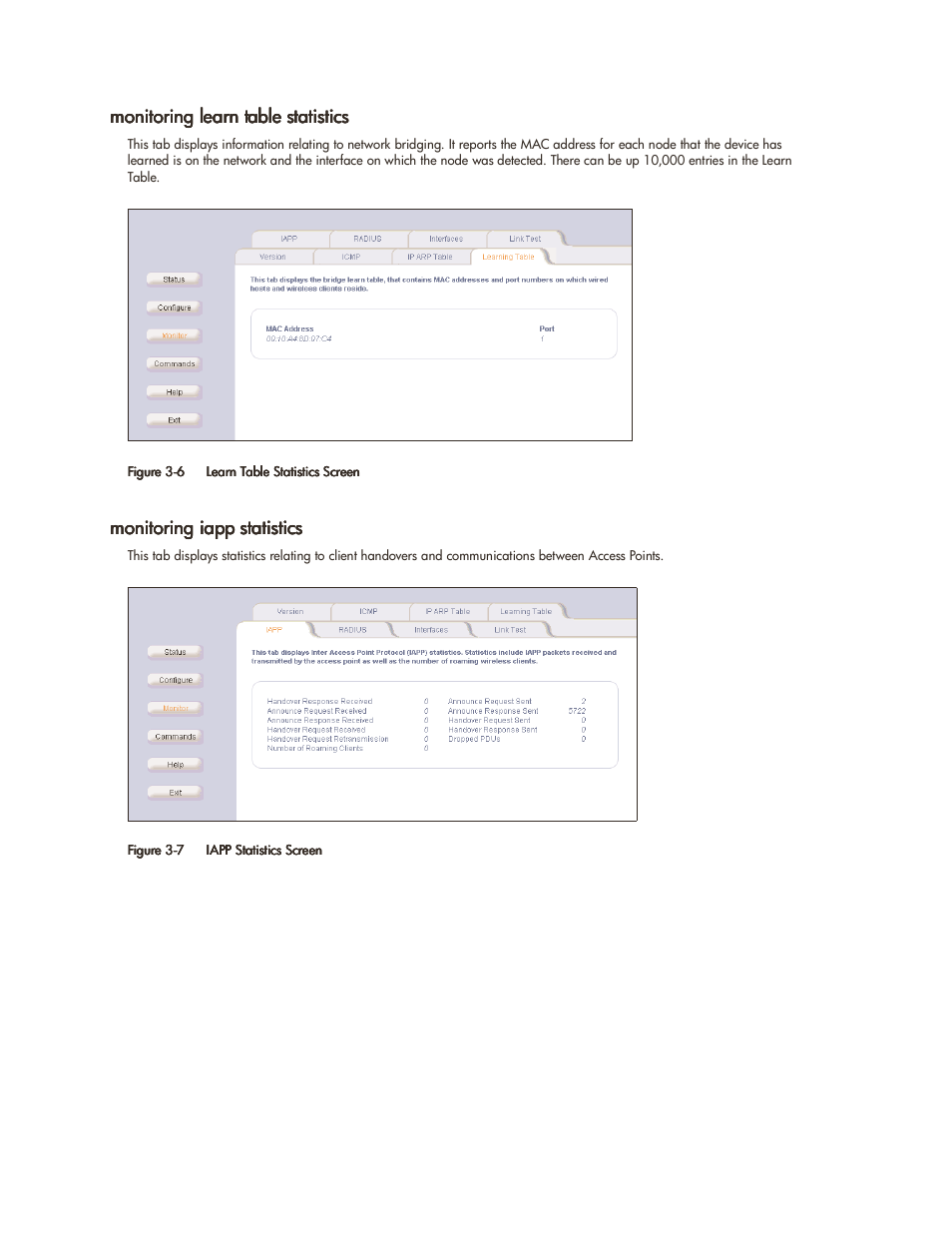Monitoring learn table statistics, Monitoring iapp statistics | HP ProCurve 520wl Wireless Access Point User Manual | Page 43 / 142