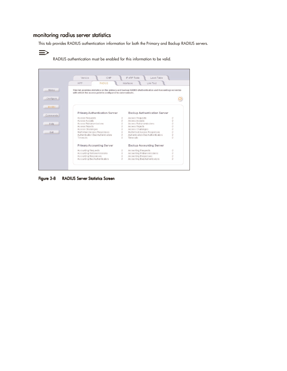 Monitoring radius server statistics, Monitoring radius server statistics -6 | HP ProCurve 520wl Wireless Access Point User Manual | Page 44 / 142