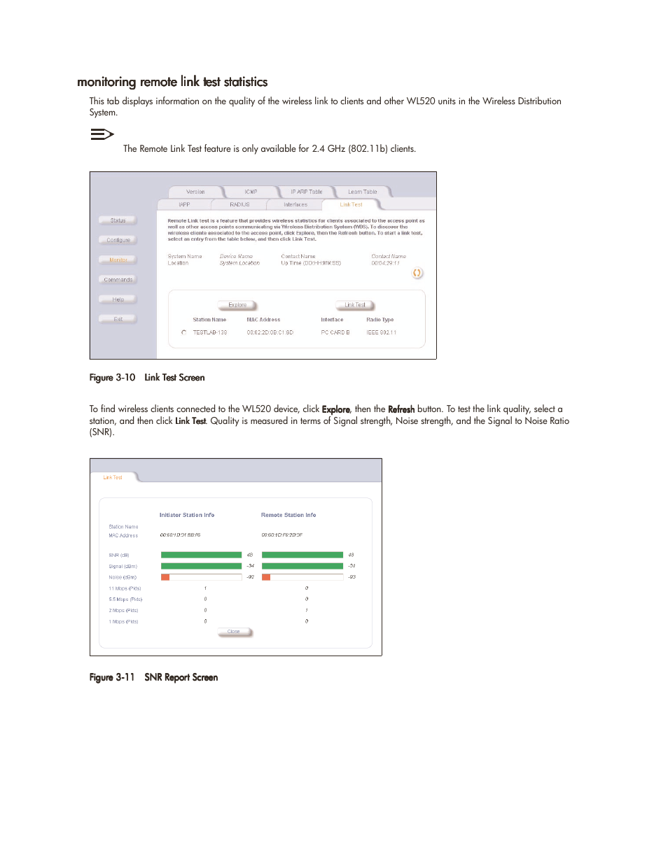 Monitoring remote link test statistics, Monitoring remote link test statistics -8 | HP ProCurve 520wl Wireless Access Point User Manual | Page 46 / 142