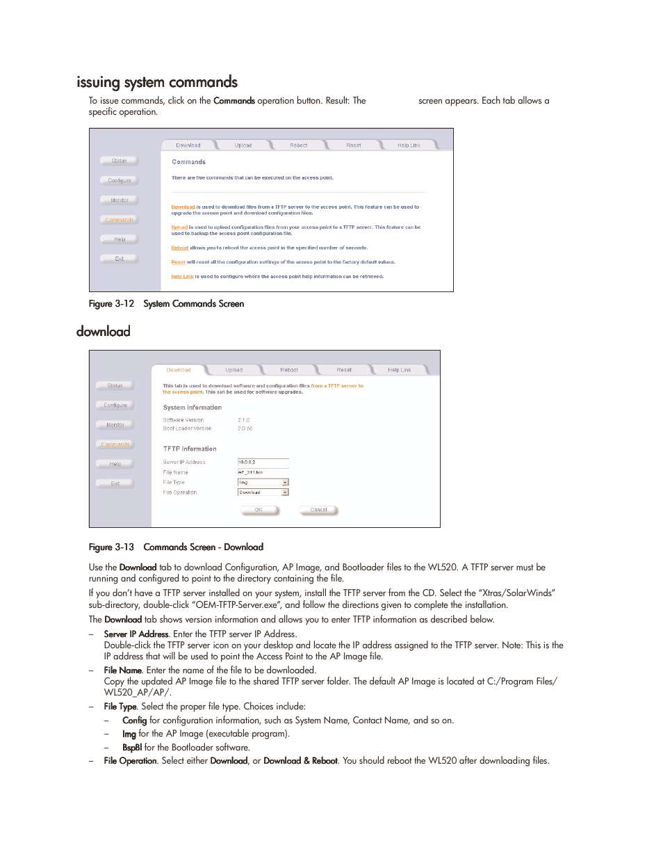 Issuing system commands, Download, Issuing system commands -9 | Download -9 | HP ProCurve 520wl Wireless Access Point User Manual | Page 47 / 142