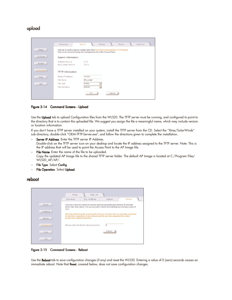 Upload, Reboot, Upload -10 | Reboot -10 | HP ProCurve 520wl Wireless Access Point User Manual | Page 48 / 142