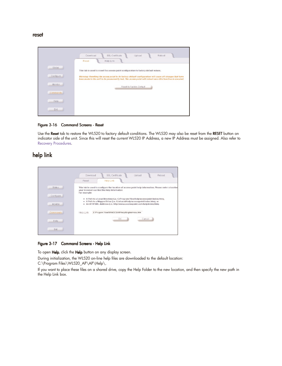 Reset, Help link, Reset -11 | Help link -11 | HP ProCurve 520wl Wireless Access Point User Manual | Page 49 / 142