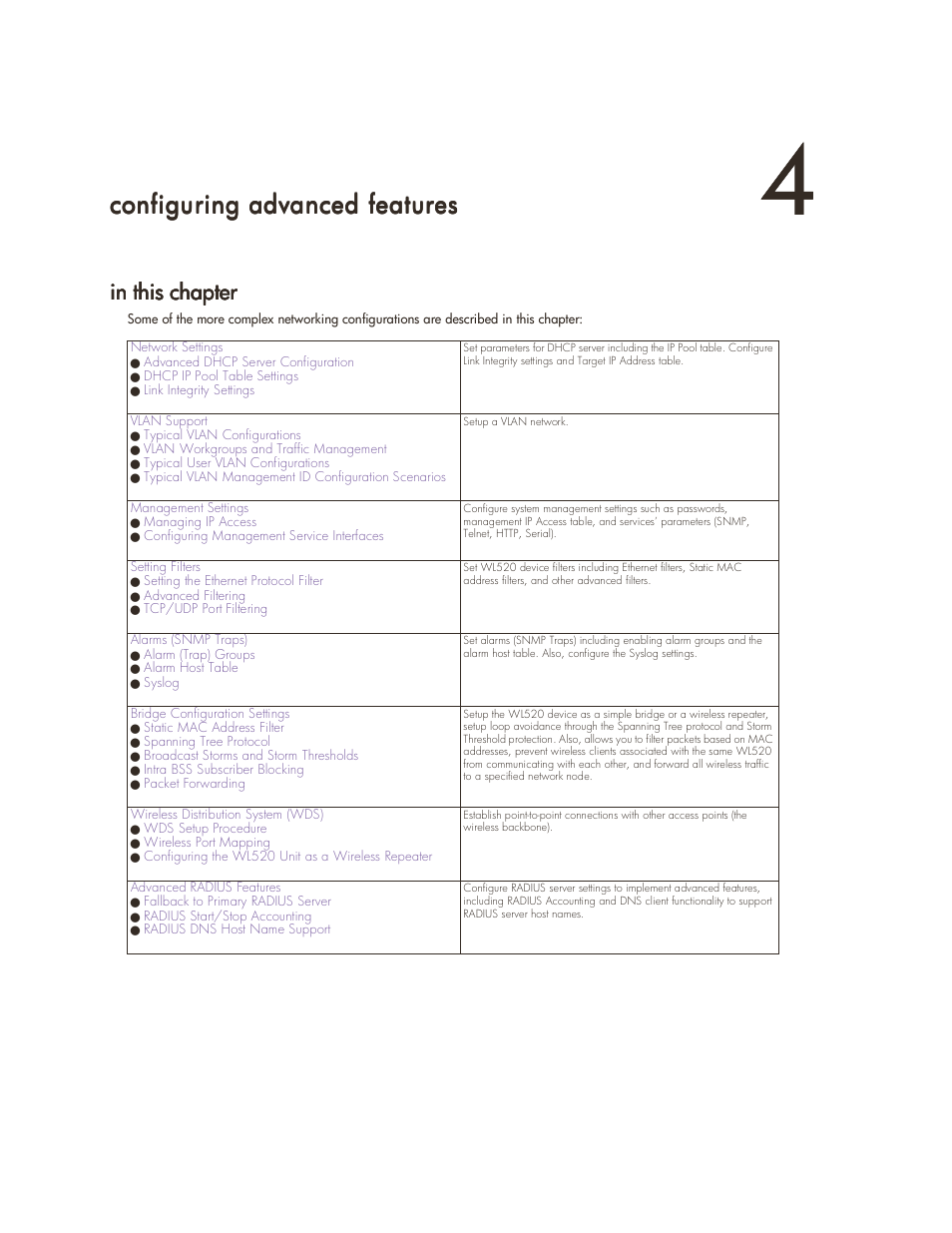 Configuring advanced features, In this chapter, Uring | Fe re, Config, Ad nced atu, 4 configuring advanced featuress | HP ProCurve 520wl Wireless Access Point User Manual | Page 50 / 142