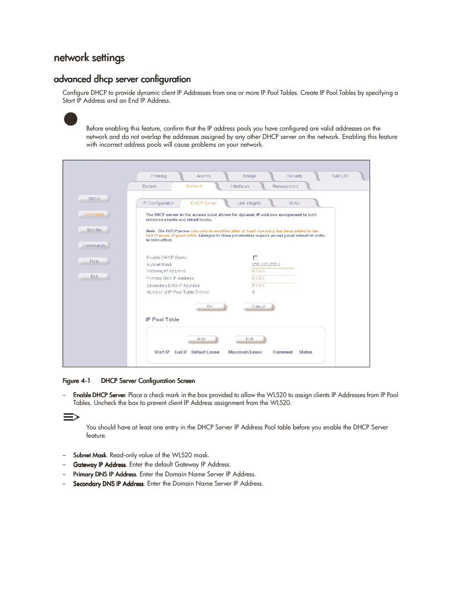 Network settings, Advanced dhcp server configuration, Network settings -2 | Advanced dhcp server configuration -2 | HP ProCurve 520wl Wireless Access Point User Manual | Page 51 / 142