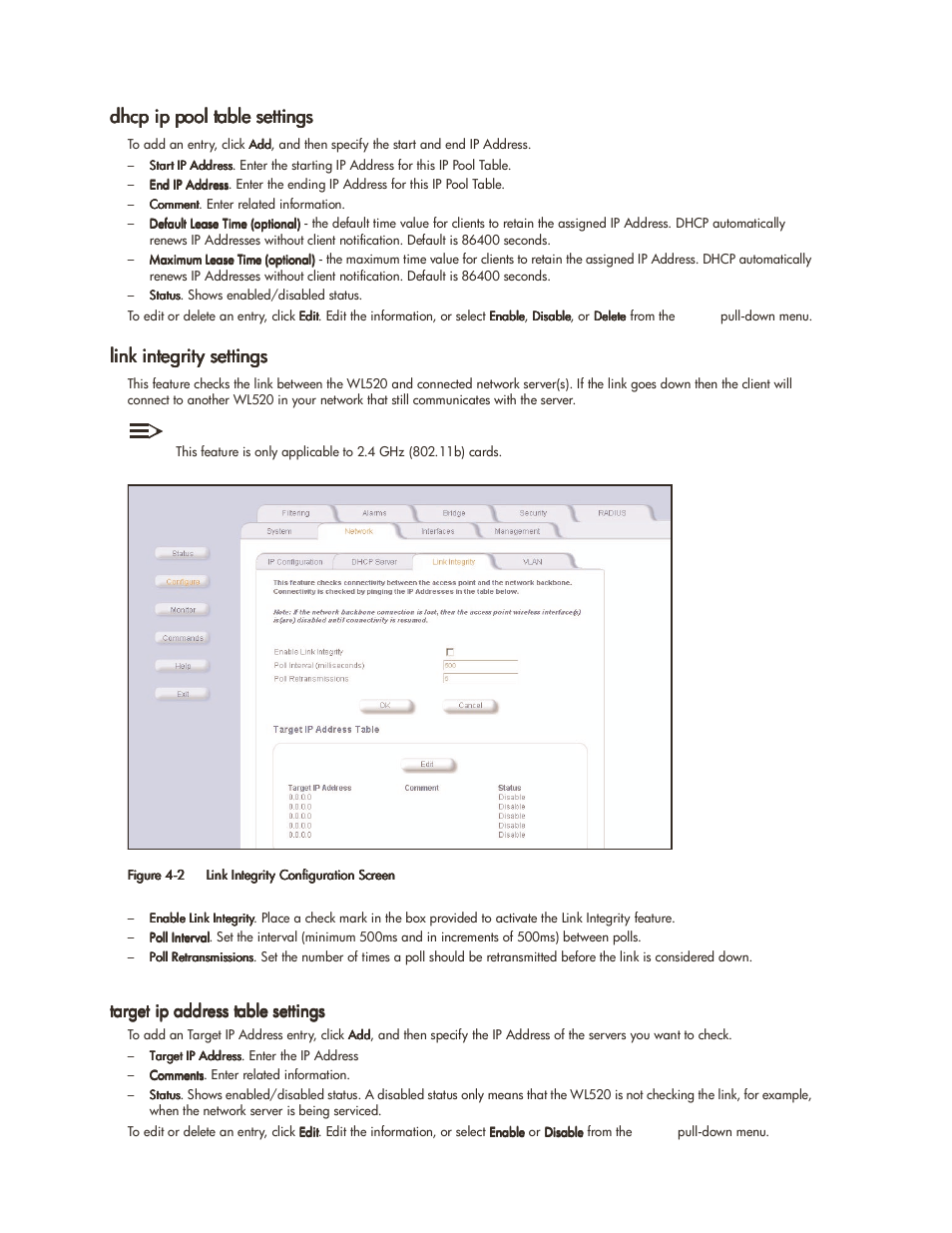 Dhcp ip pool table settings, Link integrity settings, Target ip address table settings | Dhcp ip pool table settings -3, Link integrity settings -3, Target ip address table settings -3 | HP ProCurve 520wl Wireless Access Point User Manual | Page 52 / 142