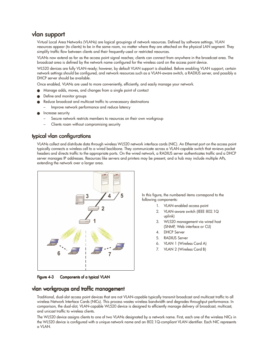 Vlan support, Typical vlan configurations, Vlan workgroups and traffic management | Vlan support -4 | HP ProCurve 520wl Wireless Access Point User Manual | Page 53 / 142