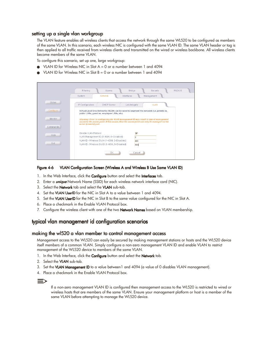 Setting up a single vlan workgroup, Typical vlan management id configuration scenarios, Setting up a single vlan workgroup -7 | HP ProCurve 520wl Wireless Access Point User Manual | Page 56 / 142
