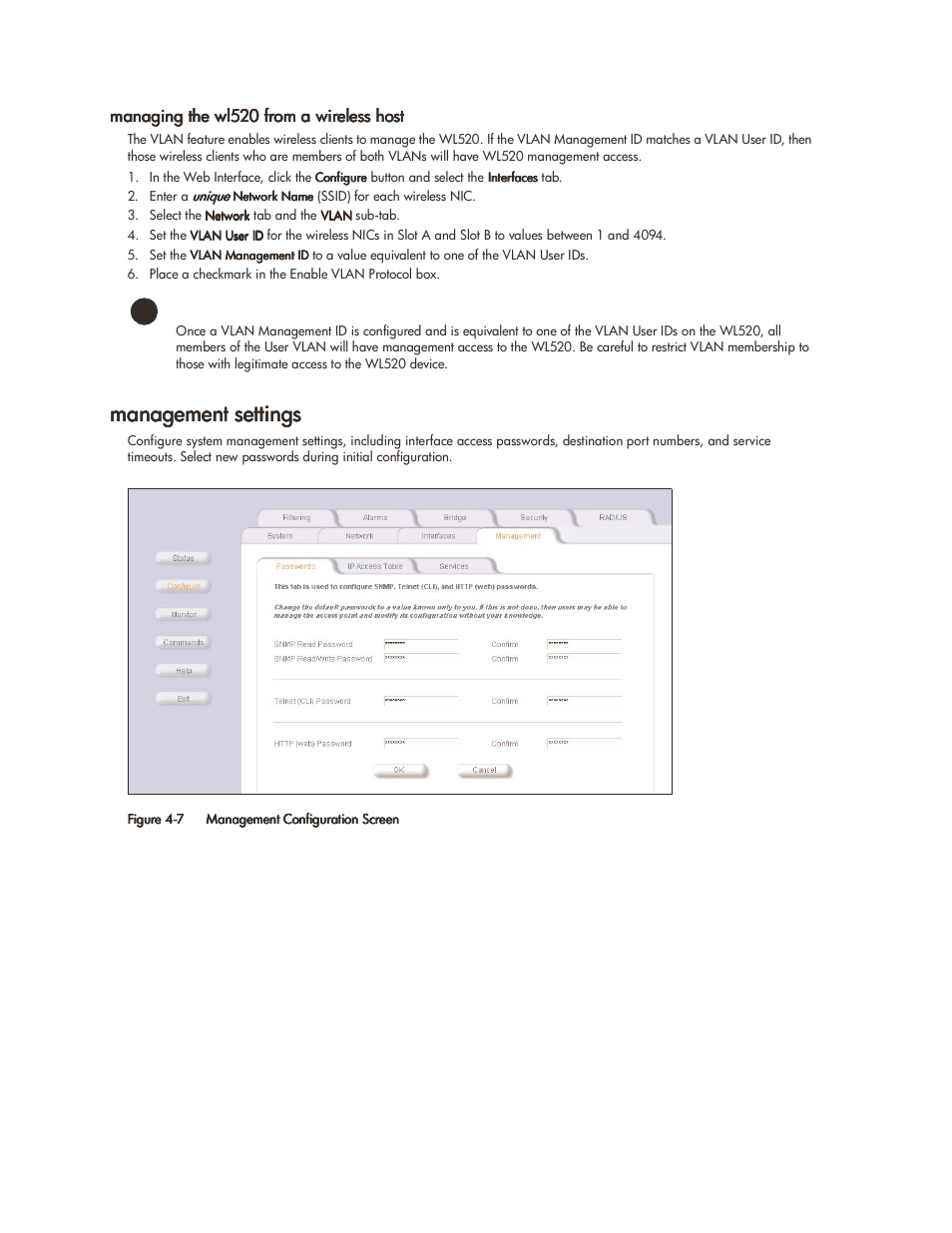 Managing the wl520 from a wireless host, Management settings, Managing the wl520 from a wireless host -8 | Management settings -8 | HP ProCurve 520wl Wireless Access Point User Manual | Page 57 / 142