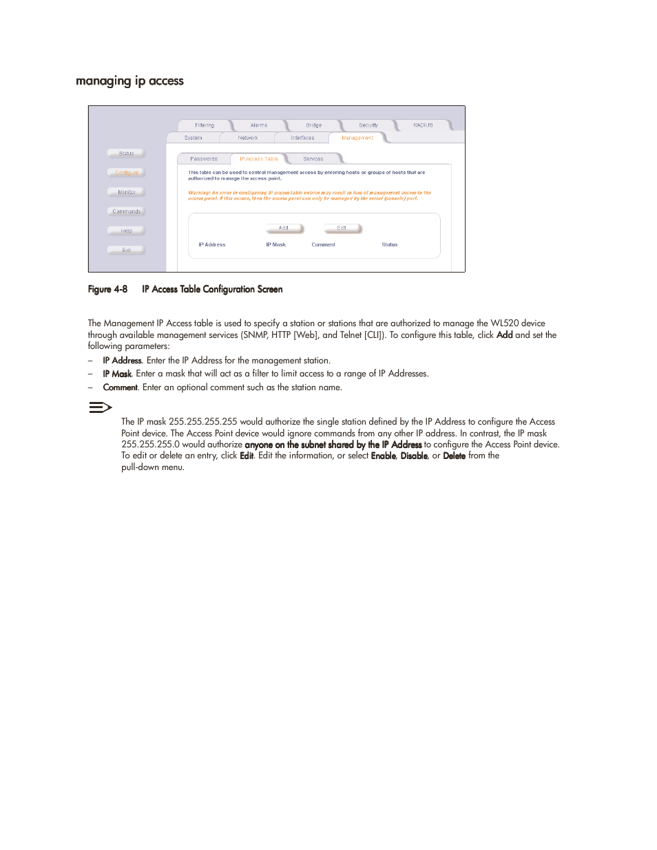 Managing ip access, Managing ip access -9 | HP ProCurve 520wl Wireless Access Point User Manual | Page 58 / 142