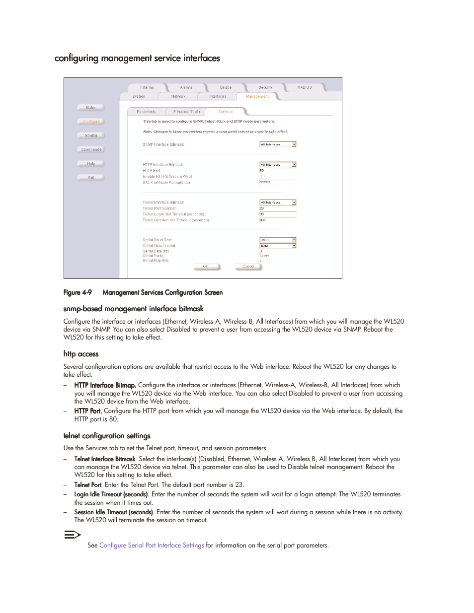 Configuring management service interfaces, Configuring management service interfaces -10 | HP ProCurve 520wl Wireless Access Point User Manual | Page 59 / 142