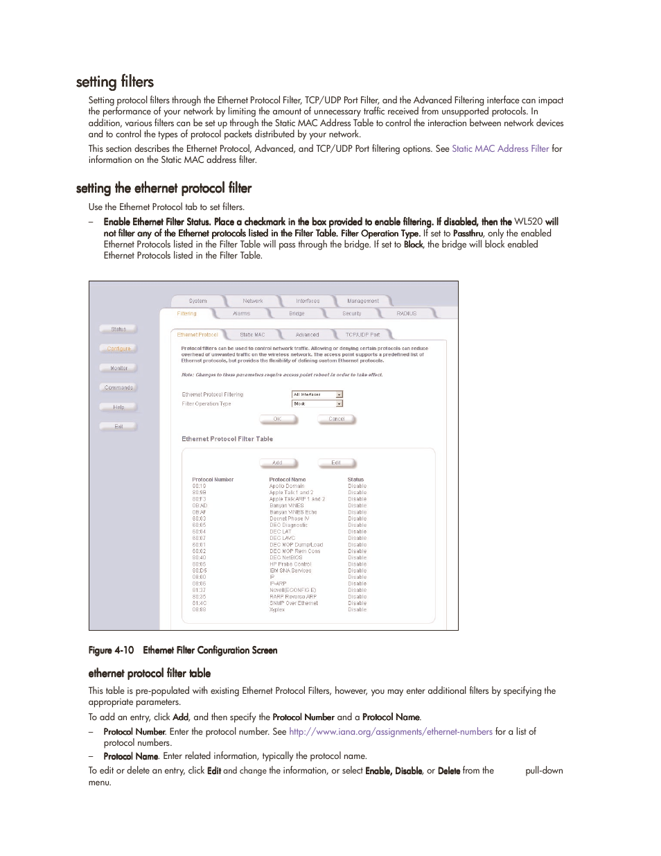 Setting filters, Setting the ethernet protocol filter, Setting filters -11 | Setting the ethernet protocol filter -11 | HP ProCurve 520wl Wireless Access Point User Manual | Page 60 / 142