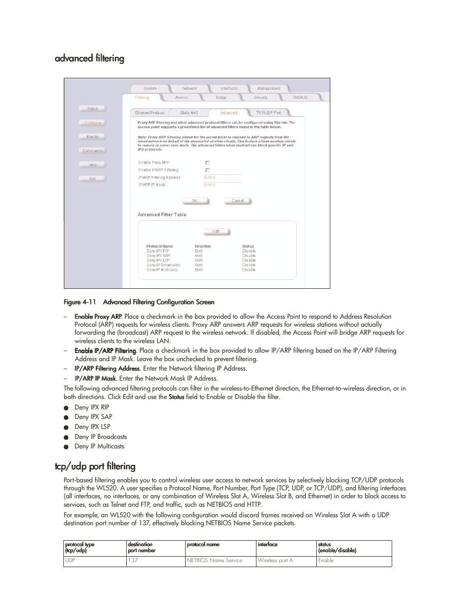 Advanced filtering, Tcp/udp port filtering, Advanced filtering -12 tcp/udp port filtering -12 | HP ProCurve 520wl Wireless Access Point User Manual | Page 61 / 142