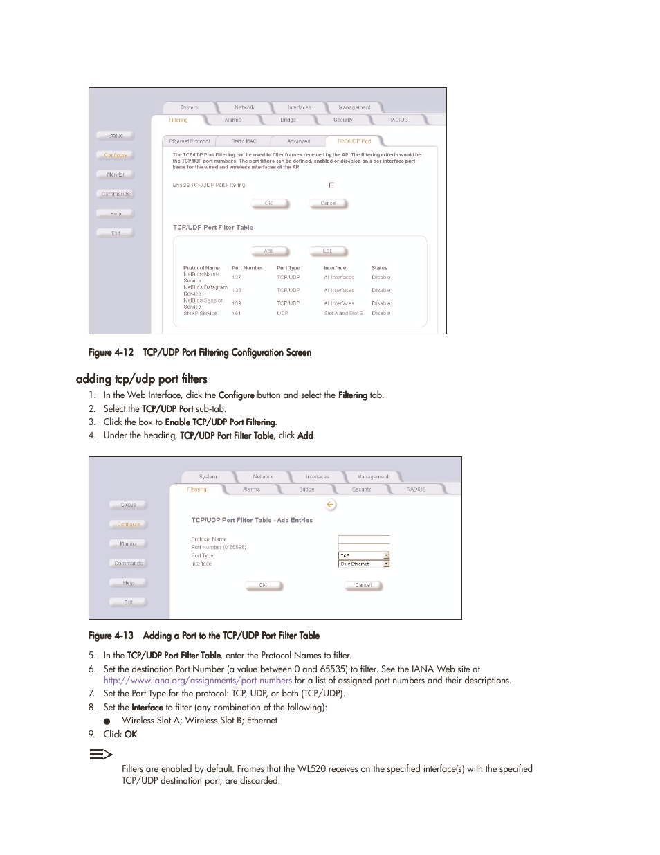 Adding tcp/udp port filters, Adding tcp/udp port filters -13 | HP ProCurve 520wl Wireless Access Point User Manual | Page 62 / 142