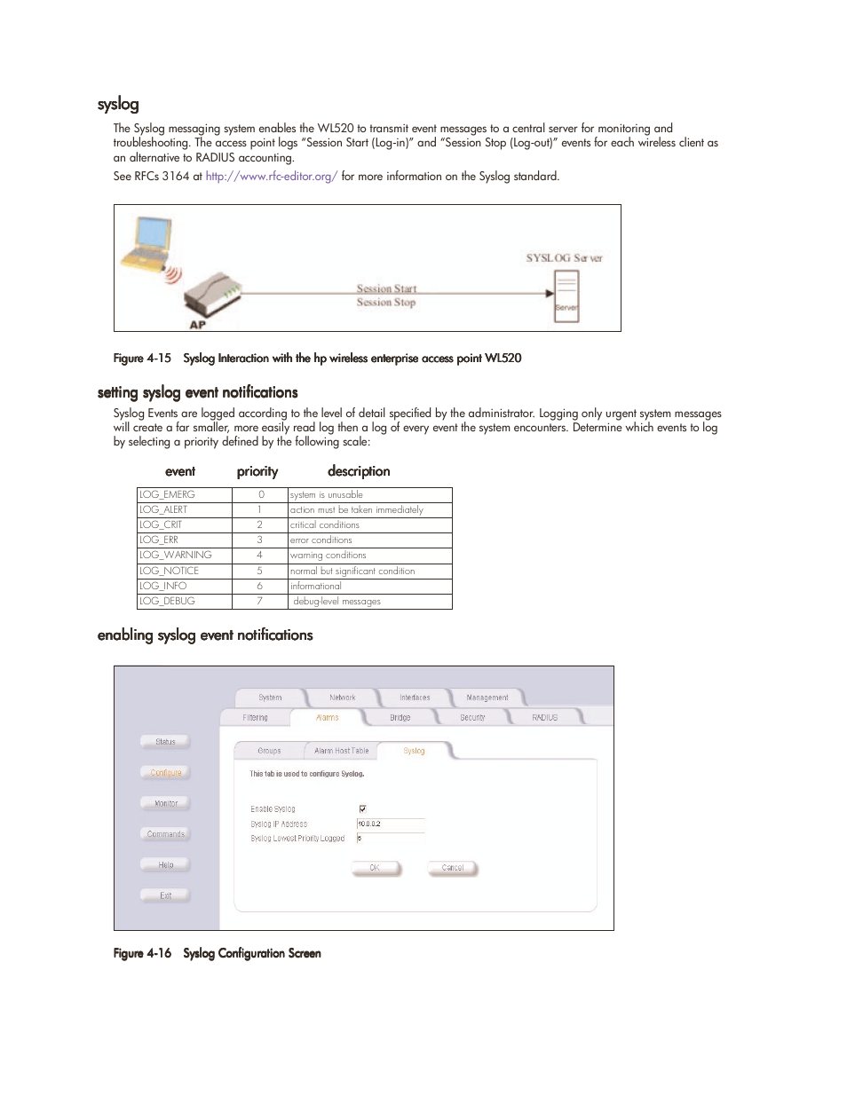 Syslog, Setting syslog event notifications, Enabling syslog event notifications | Syslog -15 | HP ProCurve 520wl Wireless Access Point User Manual | Page 64 / 142