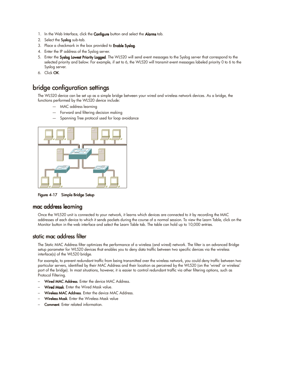 Bridge configuration settings, Mac address learning, Static mac address filter | Bridge configuration settings -16 | HP ProCurve 520wl Wireless Access Point User Manual | Page 65 / 142