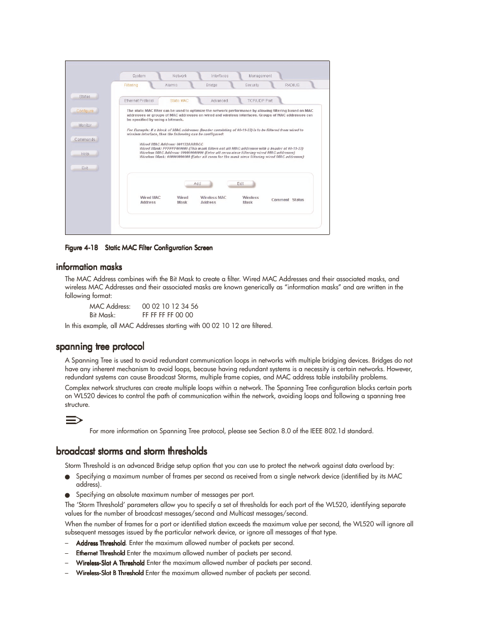 Information masks, Spanning tree protocol, Broadcast storms and storm thresholds | Information masks -17 | HP ProCurve 520wl Wireless Access Point User Manual | Page 66 / 142