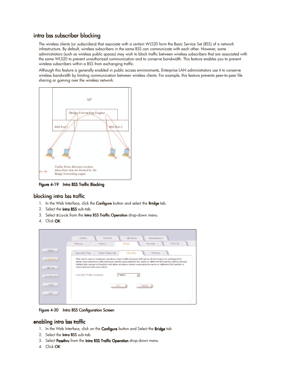 Intra bss subscriber blocking, Blocking intra bss traffic, Enabling intra bss traffic | Intra bss subscriber blocking -18 | HP ProCurve 520wl Wireless Access Point User Manual | Page 67 / 142