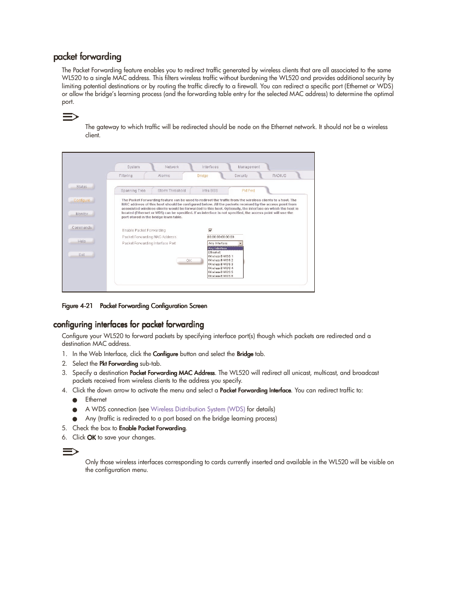 Packet forwarding, Configuring interfaces for packet forwarding, Packet forwarding -19 | Configuring interfaces for packet forwarding -19 | HP ProCurve 520wl Wireless Access Point User Manual | Page 68 / 142