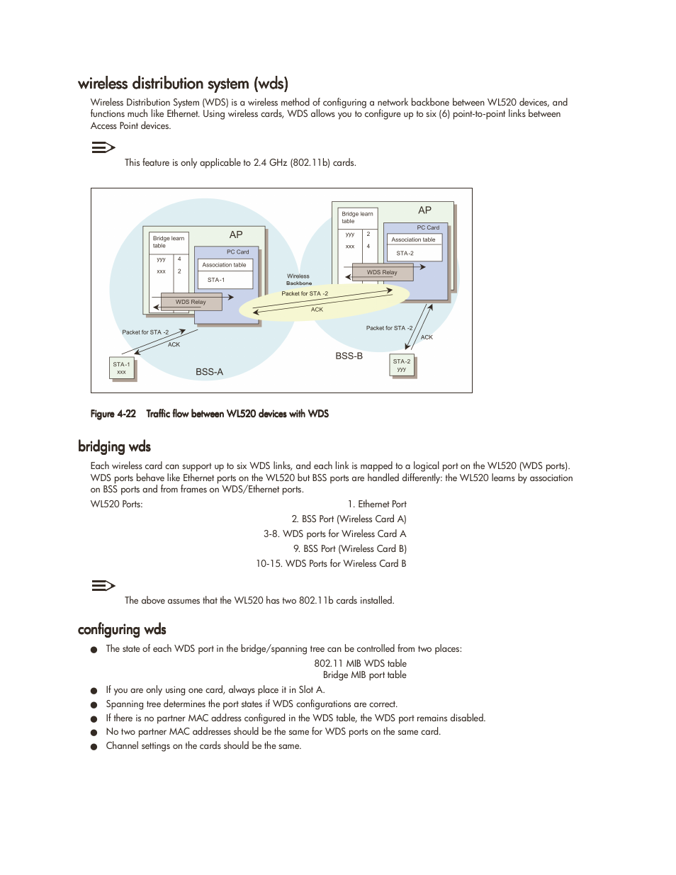 Wireless distribution system (wds), Bridging wds, Configuring wds | Wireless distribution system (wds) -20, Bridging wds -20 configuring wds -20, Wireless distribution, System (wds) | HP ProCurve 520wl Wireless Access Point User Manual | Page 69 / 142