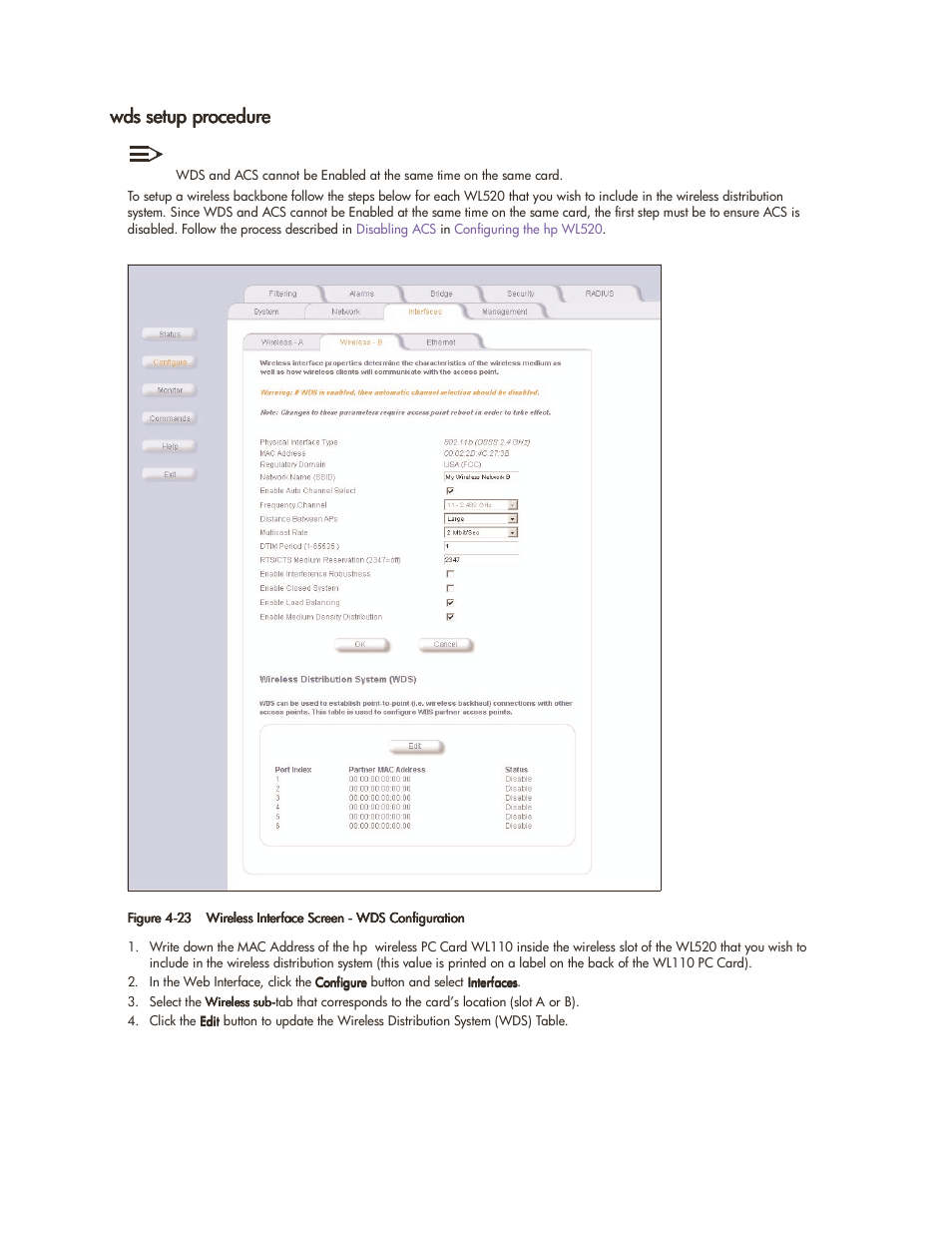 Wds setup procedure, Wds setup procedure -21 | HP ProCurve 520wl Wireless Access Point User Manual | Page 70 / 142