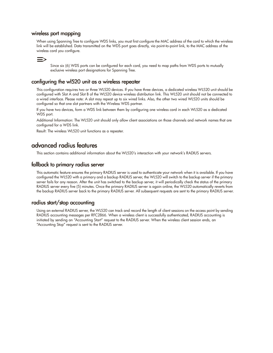 Wireless port mapping, Configuring the wl520 unit as a wireless repeater, Advanced radius features | Fallback to primary radius server, Radius start/stop accounting, Advanced radius features -23 | HP ProCurve 520wl Wireless Access Point User Manual | Page 72 / 142