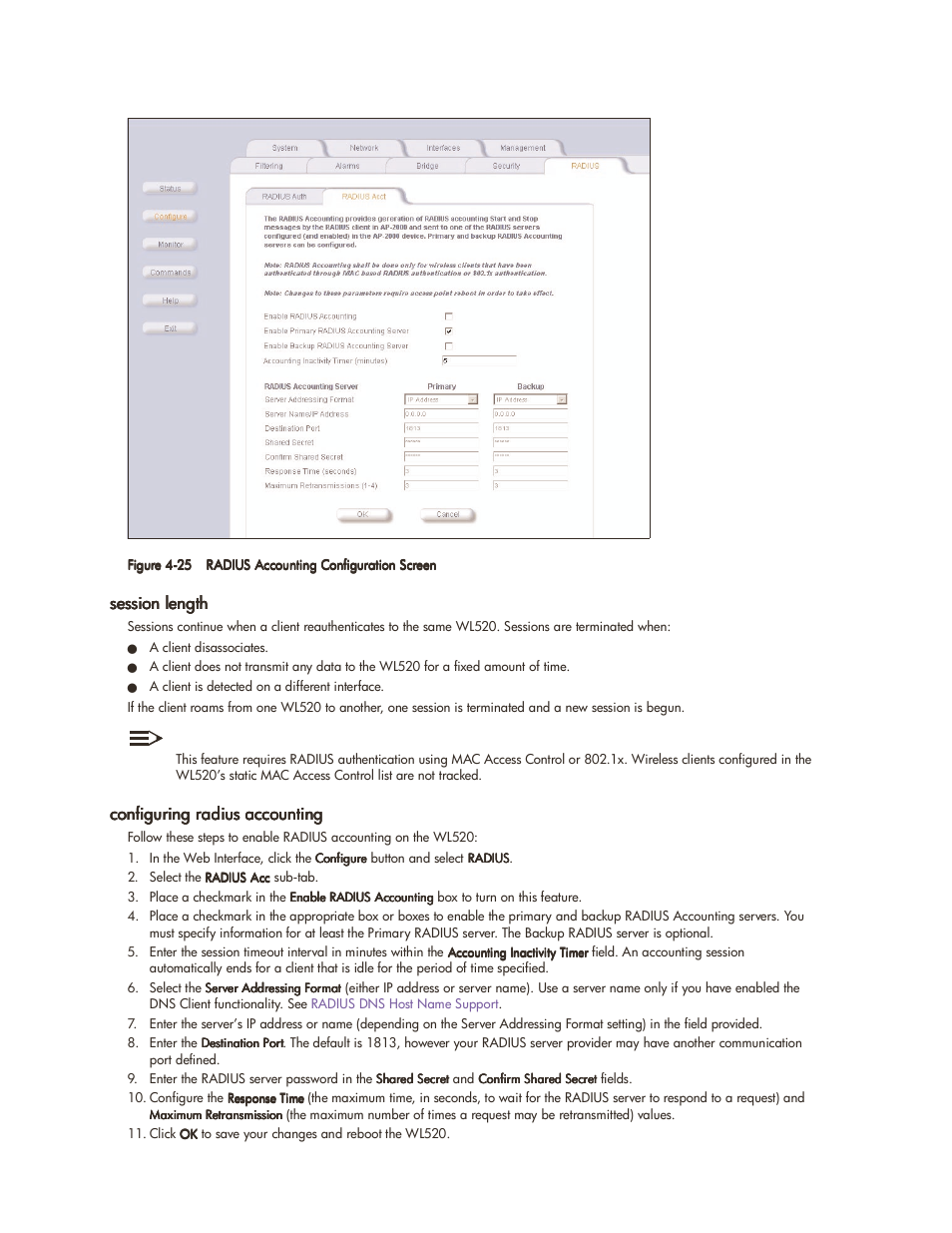 Session length, Configuring radius accounting | HP ProCurve 520wl Wireless Access Point User Manual | Page 73 / 142