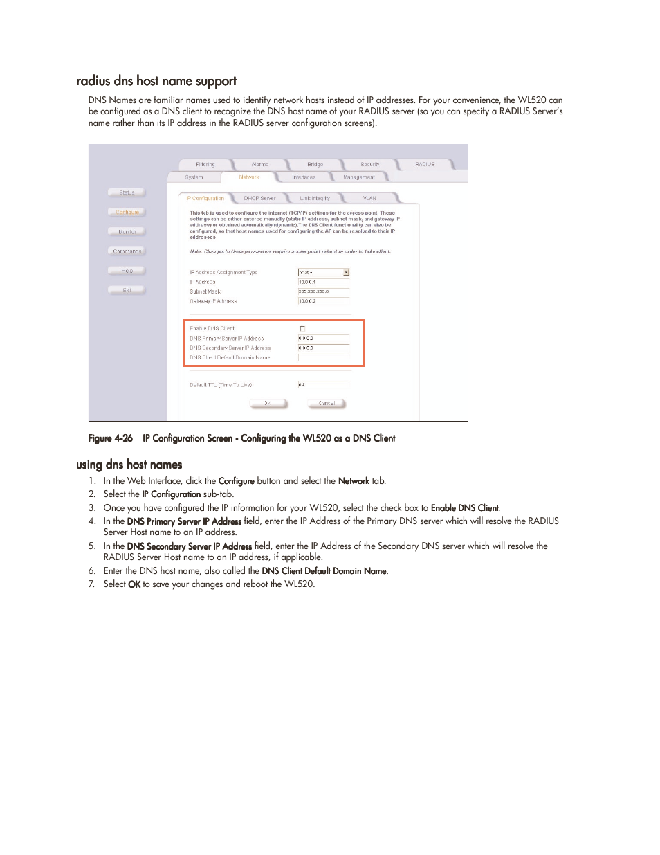Radius dns host name support, Using dns host names, Radius dns host name support -25 | Using dns host names -25 | HP ProCurve 520wl Wireless Access Point User Manual | Page 74 / 142