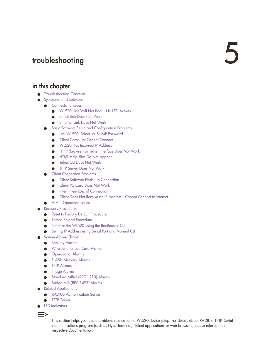 Troubleshooting, In this chapter, O les ooting | 5 troubleshooting, Tr ub h | HP ProCurve 520wl Wireless Access Point User Manual | Page 75 / 142