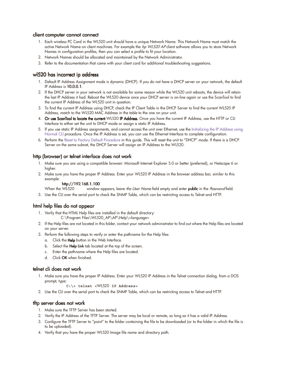 Client computer cannot connect, Wl520 has incorrect ip address, Http (browser) or telnet interface does not work | Html help files do not appear, Telnet cli does not work, Tftp server does not work | HP ProCurve 520wl Wireless Access Point User Manual | Page 77 / 142