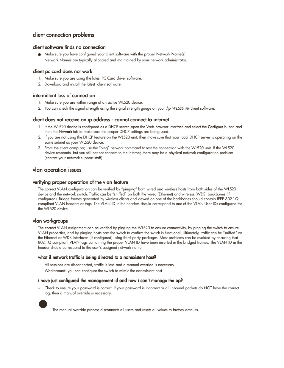 Client connection problems, Client software finds no connection, Client pc card does not work | Intermittent loss of connection, Vlan operation issues, Verifying proper operation of the vlan feature, Vlan workgroups, Client connection problems -4, Vlan operation issues -4 | HP ProCurve 520wl Wireless Access Point User Manual | Page 78 / 142