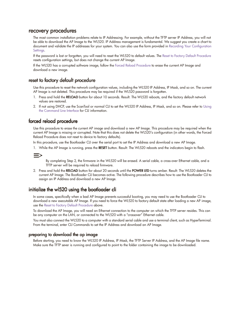 Recovery procedures, Reset to factory default procedure, Forced reload procedure | Initialize the wl520 using the bootloader cli, Preparing to download the ap image, Recovery procedures -5, Preparing to download the ap image -5 | HP ProCurve 520wl Wireless Access Point User Manual | Page 79 / 142