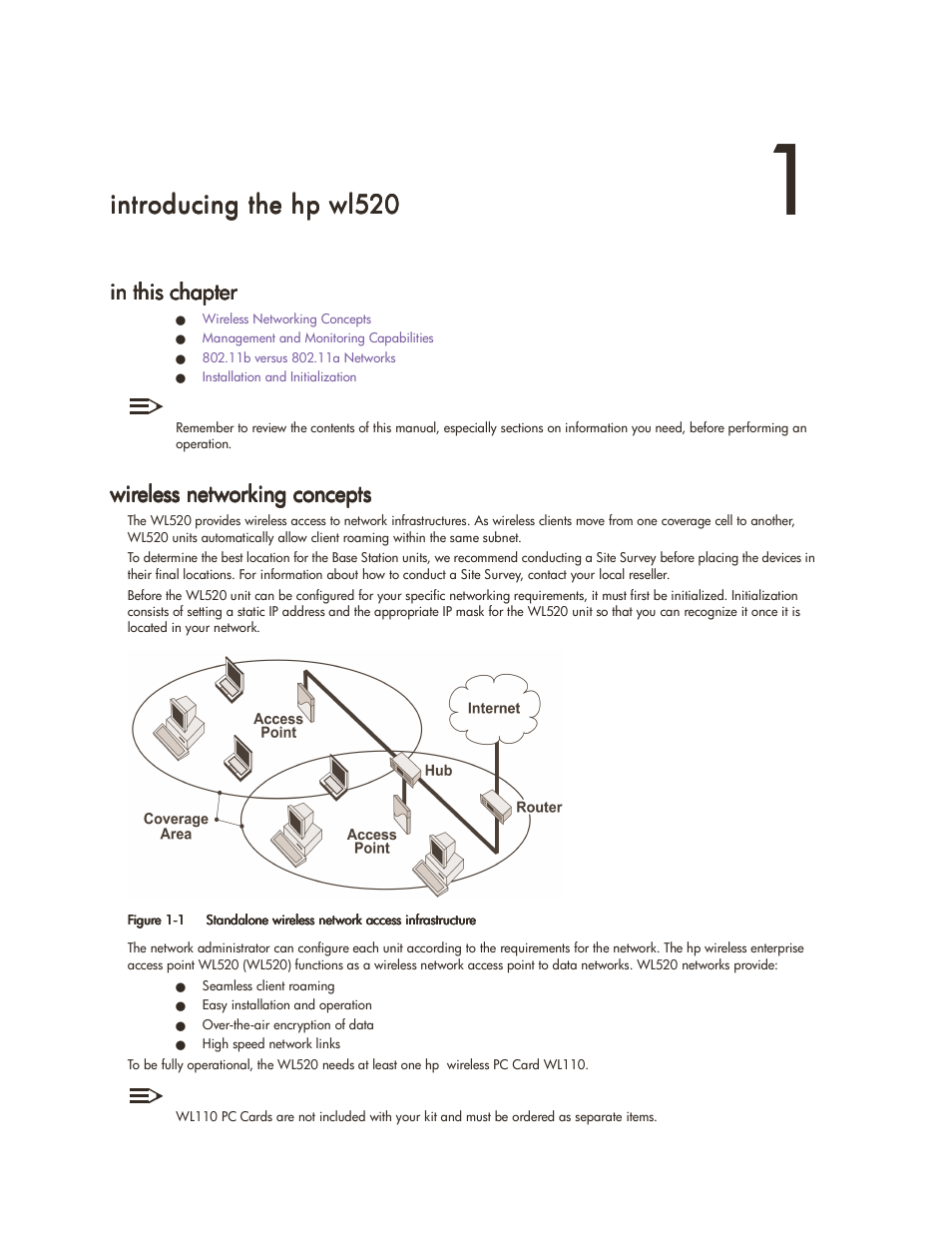 Introducing the hp wl520, In this chapter, Wireless networking concepts | Trodu, Introducing the, Introducing the hp, Hp wl520, Wl520, 1 in, Cing t | HP ProCurve 520wl Wireless Access Point User Manual | Page 8 / 142