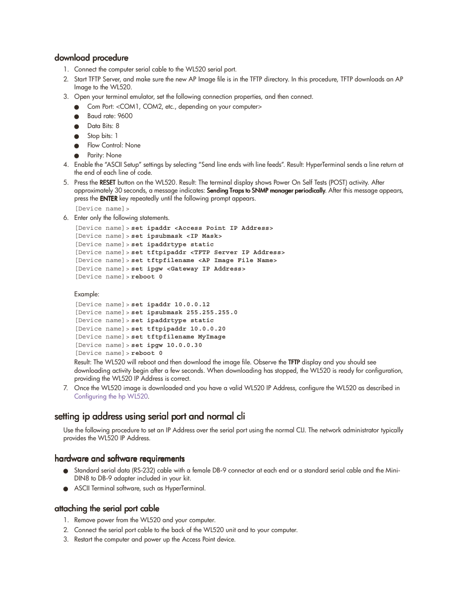 Download procedure, Hardware and software requirements, Attaching the serial port cable | Download procedure -6 | HP ProCurve 520wl Wireless Access Point User Manual | Page 80 / 142