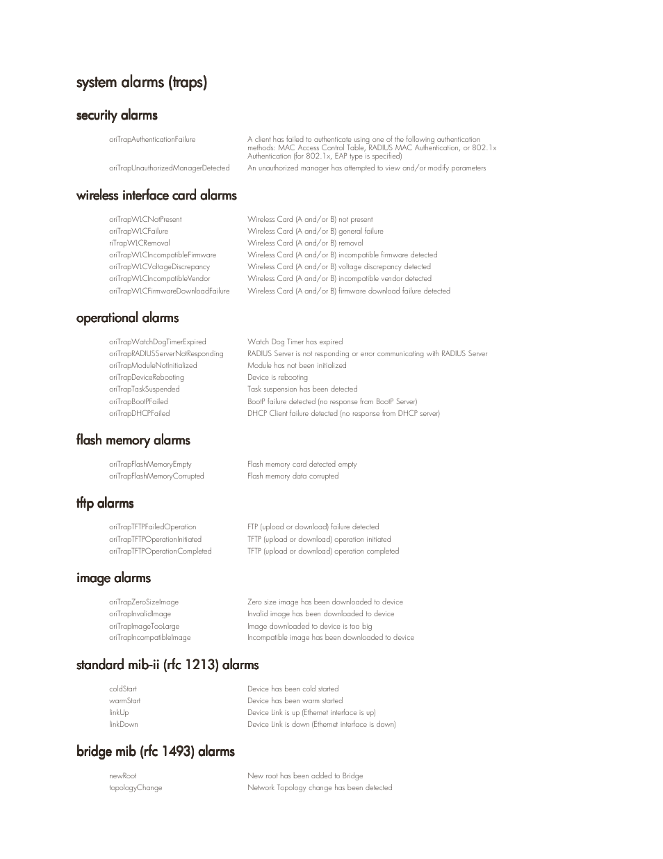System alarms (traps), Security alarms, Wireless interface card alarms | Operational alarms, Flash memory alarms, Tftp alarms, Image alarms, Standard mib-ii (rfc 1213) alarms, Bridge mib (rfc 1493) alarms, System alarms (traps) -8 | HP ProCurve 520wl Wireless Access Point User Manual | Page 82 / 142
