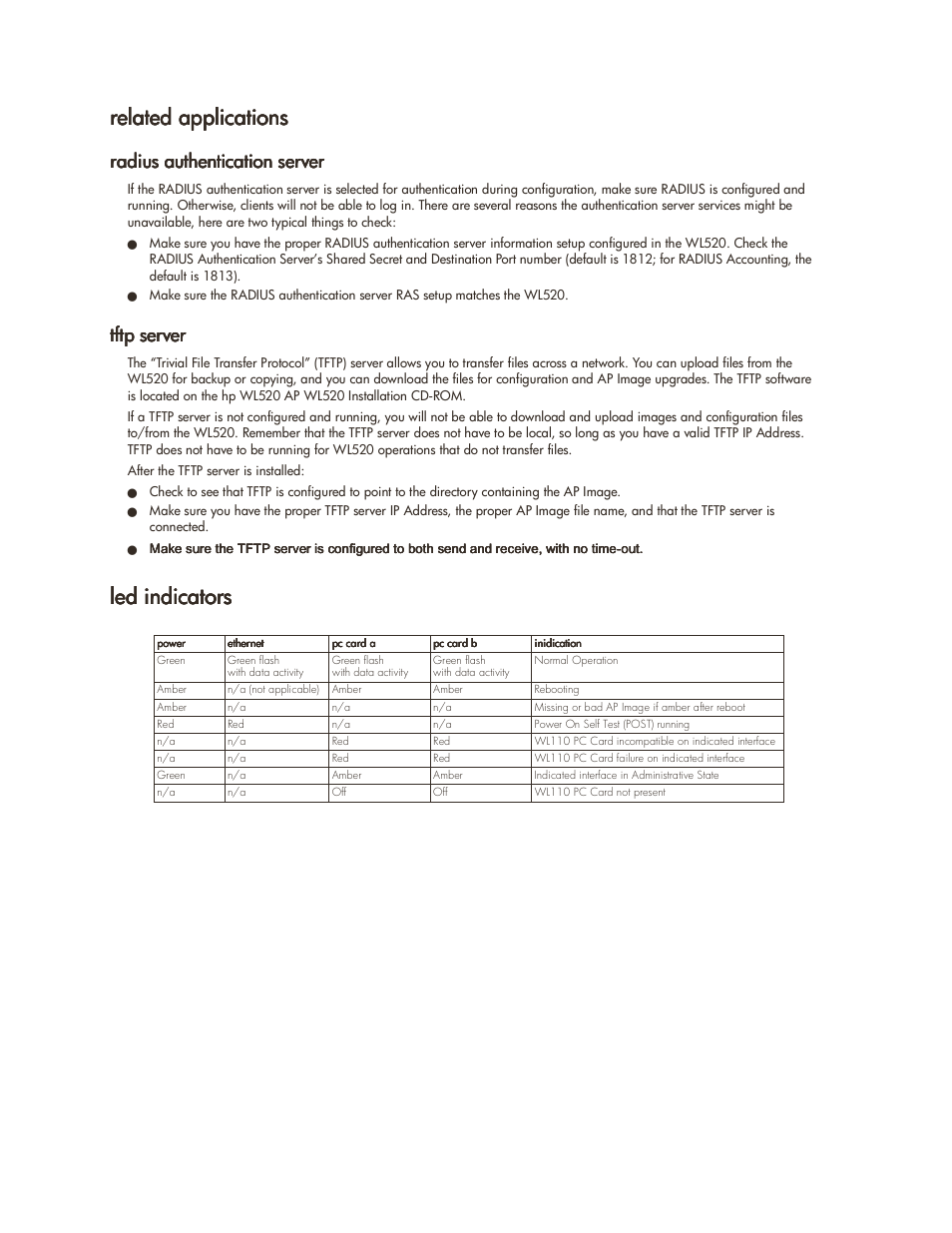 Related applications, Radius authentication server, Tftp server | Led indicators, Related applications -9, Radius authentication server -9 tftp server -9, Led indicators -9 | HP ProCurve 520wl Wireless Access Point User Manual | Page 83 / 142