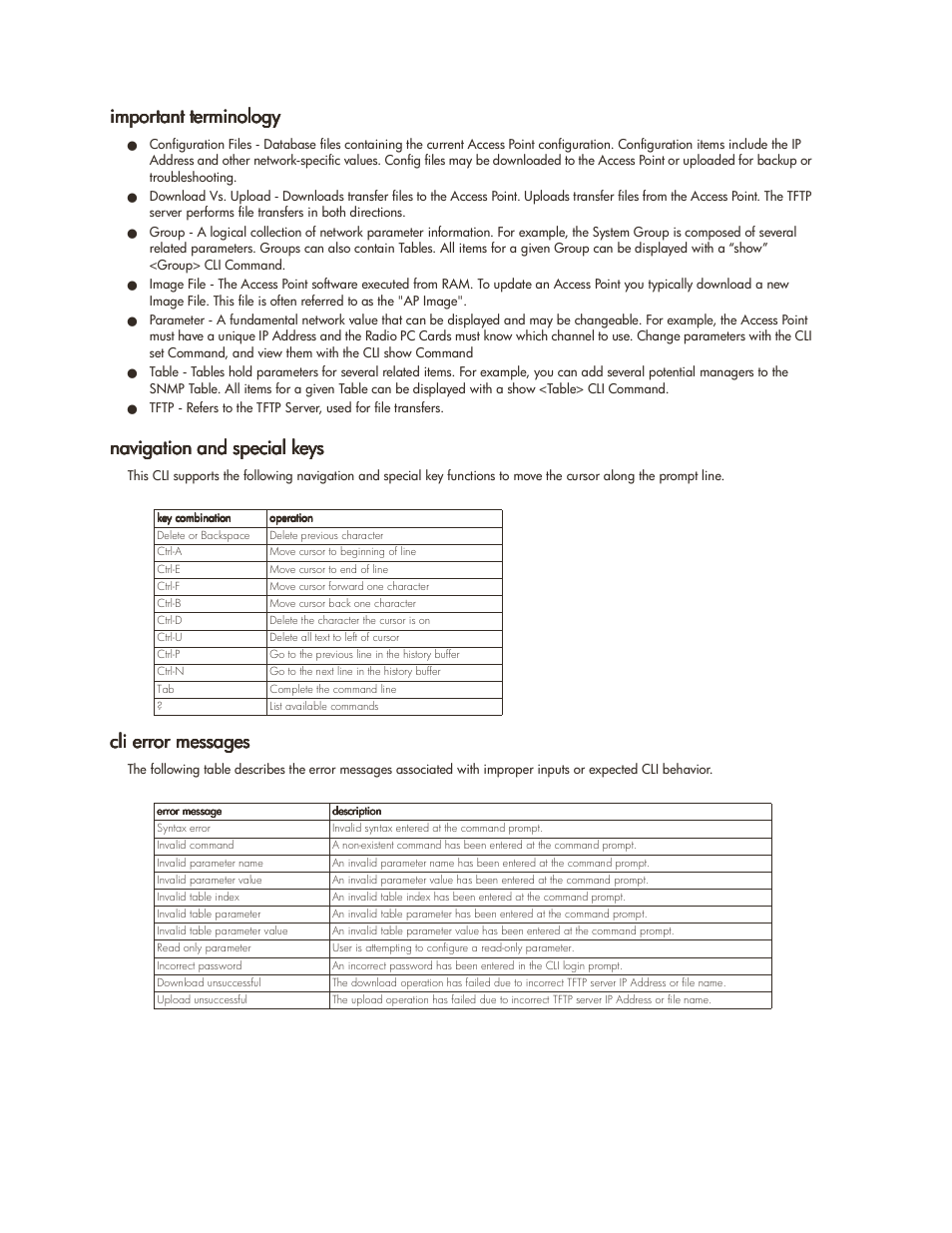 Important terminology, Navigation and special keys, Cli error messages | Cli error messages -2 | HP ProCurve 520wl Wireless Access Point User Manual | Page 85 / 142