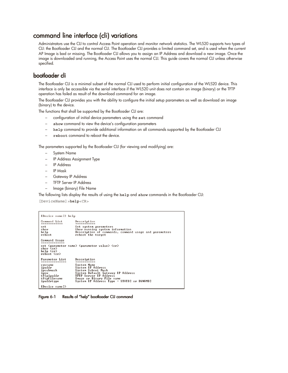 Command line interface (cli) variations, Bootloader cli, Command line interface (cli) variations -3 | Bootloader cli -3 | HP ProCurve 520wl Wireless Access Point User Manual | Page 86 / 142