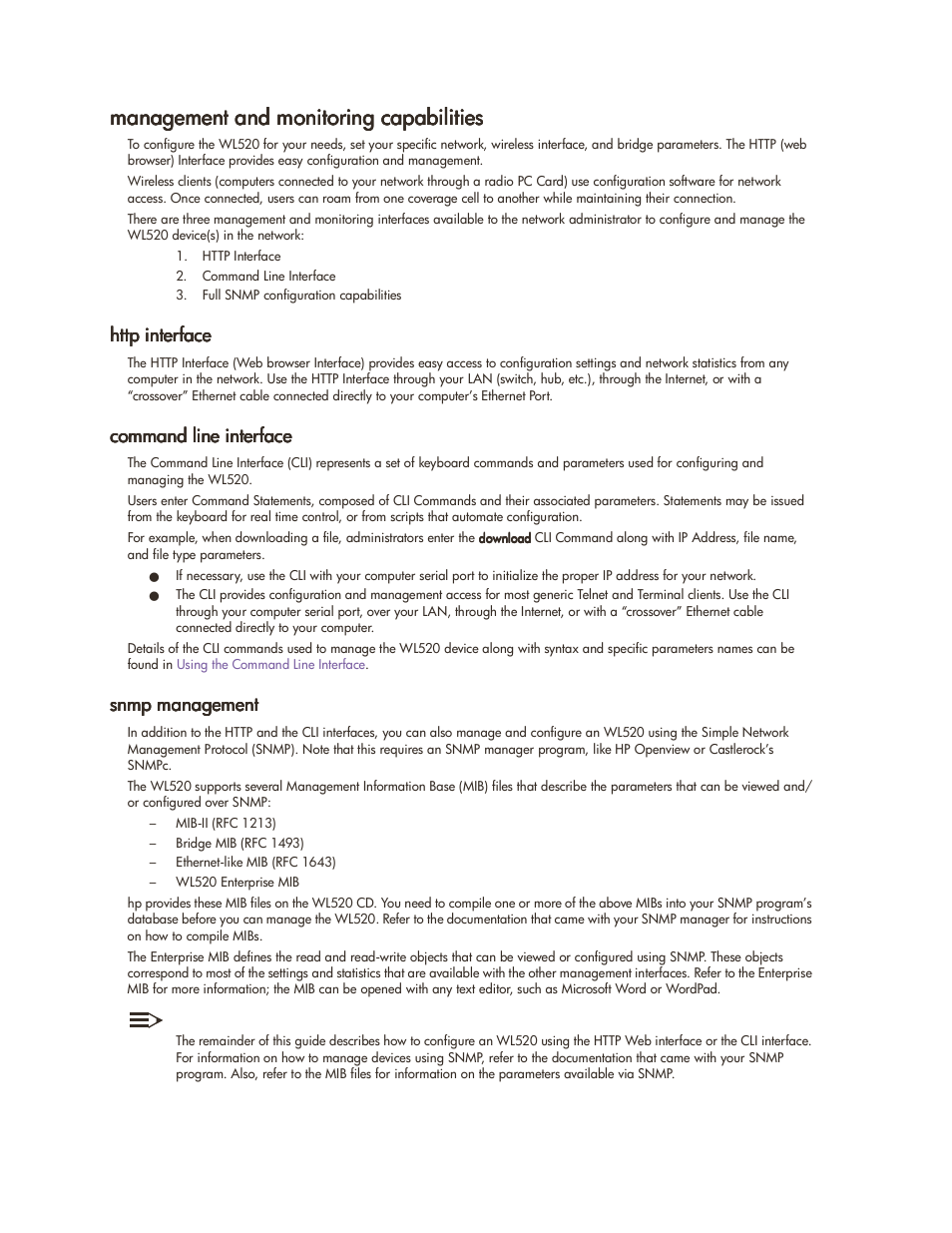 Management and monitoring capabilities, Http interface, Command line interface | Snmp management, Management and monitoring capabilities -2 | HP ProCurve 520wl Wireless Access Point User Manual | Page 9 / 142