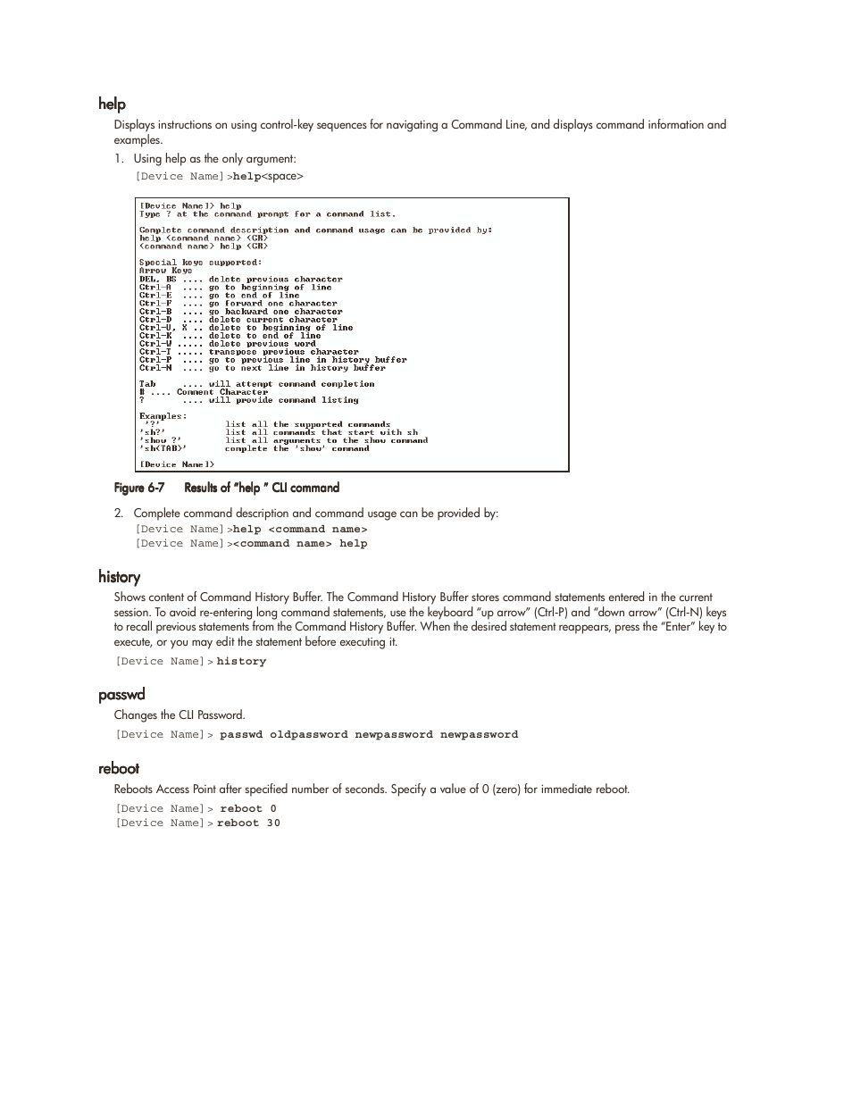 Help, History, Passwd | Reboot, Help -7 history -7 passwd -7 reboot -7 | HP ProCurve 520wl Wireless Access Point User Manual | Page 90 / 142