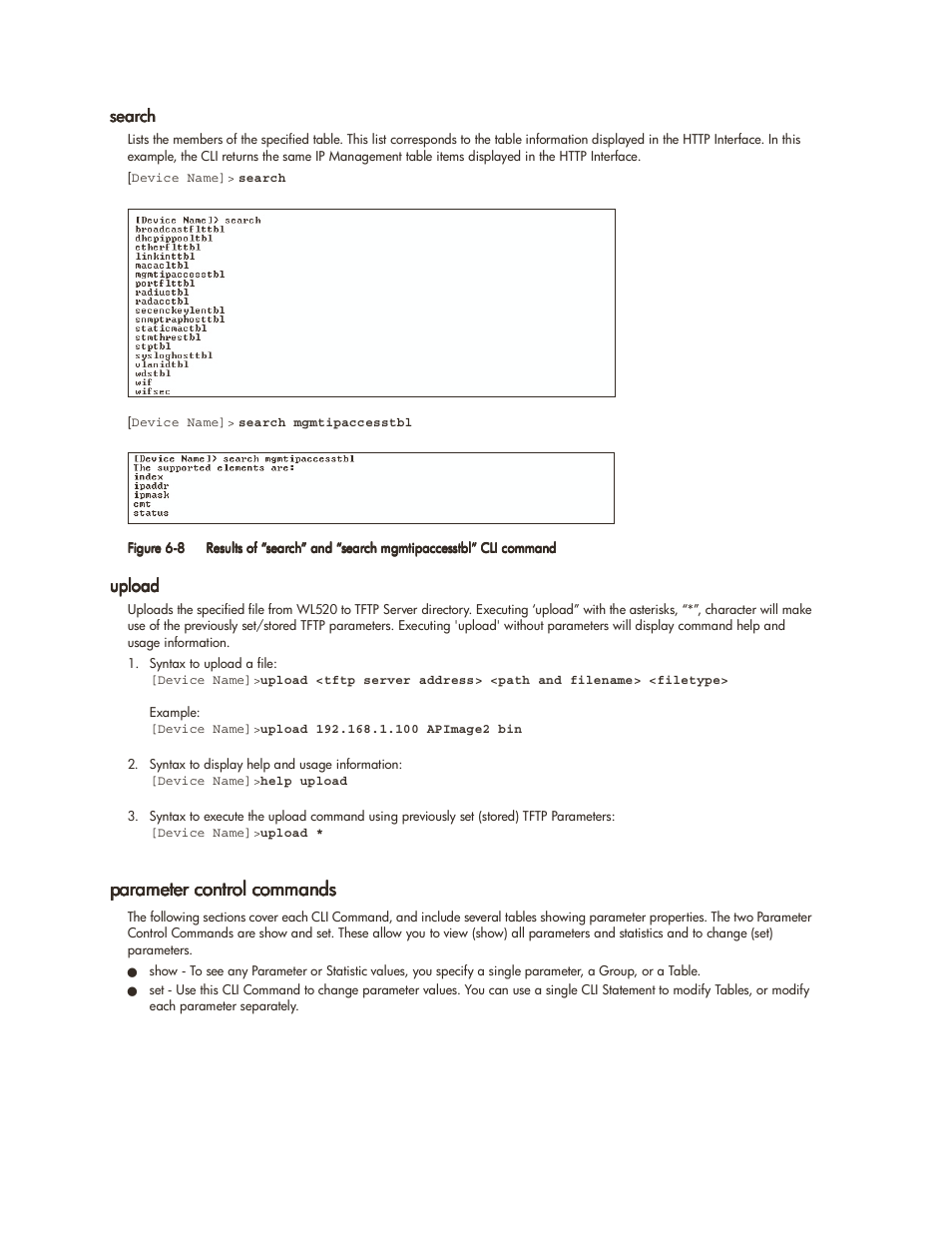 Search, Upload, Parameter control commands | Search -8 upload -8, Parameter control commands -8 | HP ProCurve 520wl Wireless Access Point User Manual | Page 91 / 142