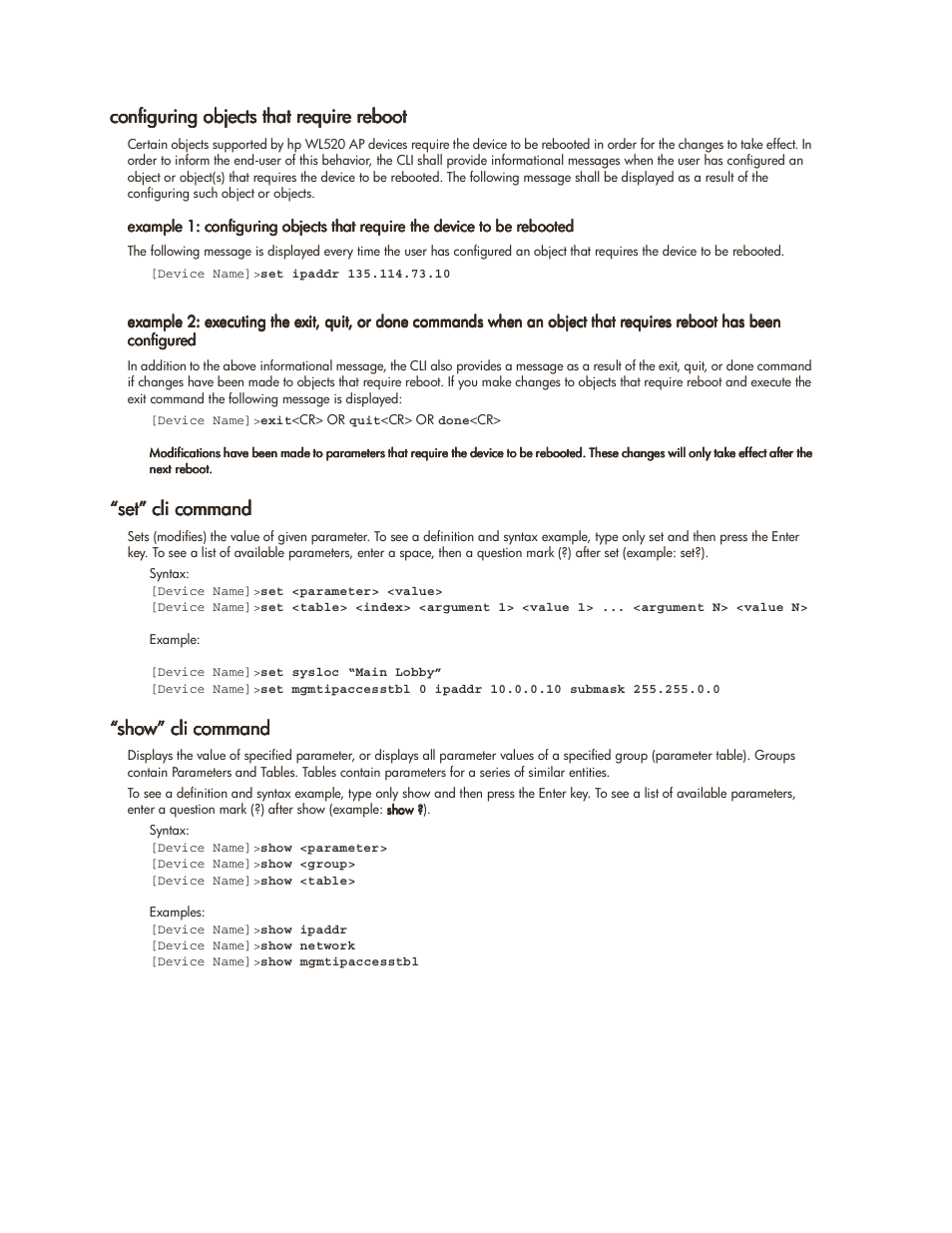 Configuring objects that require reboot, Set” cli command, Show” cli command | Configuring objects that require reboot -12, Set” cli command -12 “show” cli command -12 | HP ProCurve 520wl Wireless Access Point User Manual | Page 95 / 142