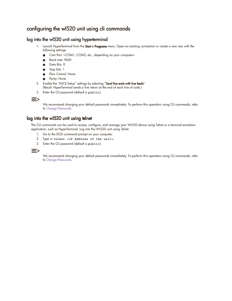 Configuring the wl520 unit using cli commands, Log into the wl520 unit using hyperterminal, Log into the wl520 unit using telnet | Configuring the wl520 unit using cli commands -13 | HP ProCurve 520wl Wireless Access Point User Manual | Page 96 / 142