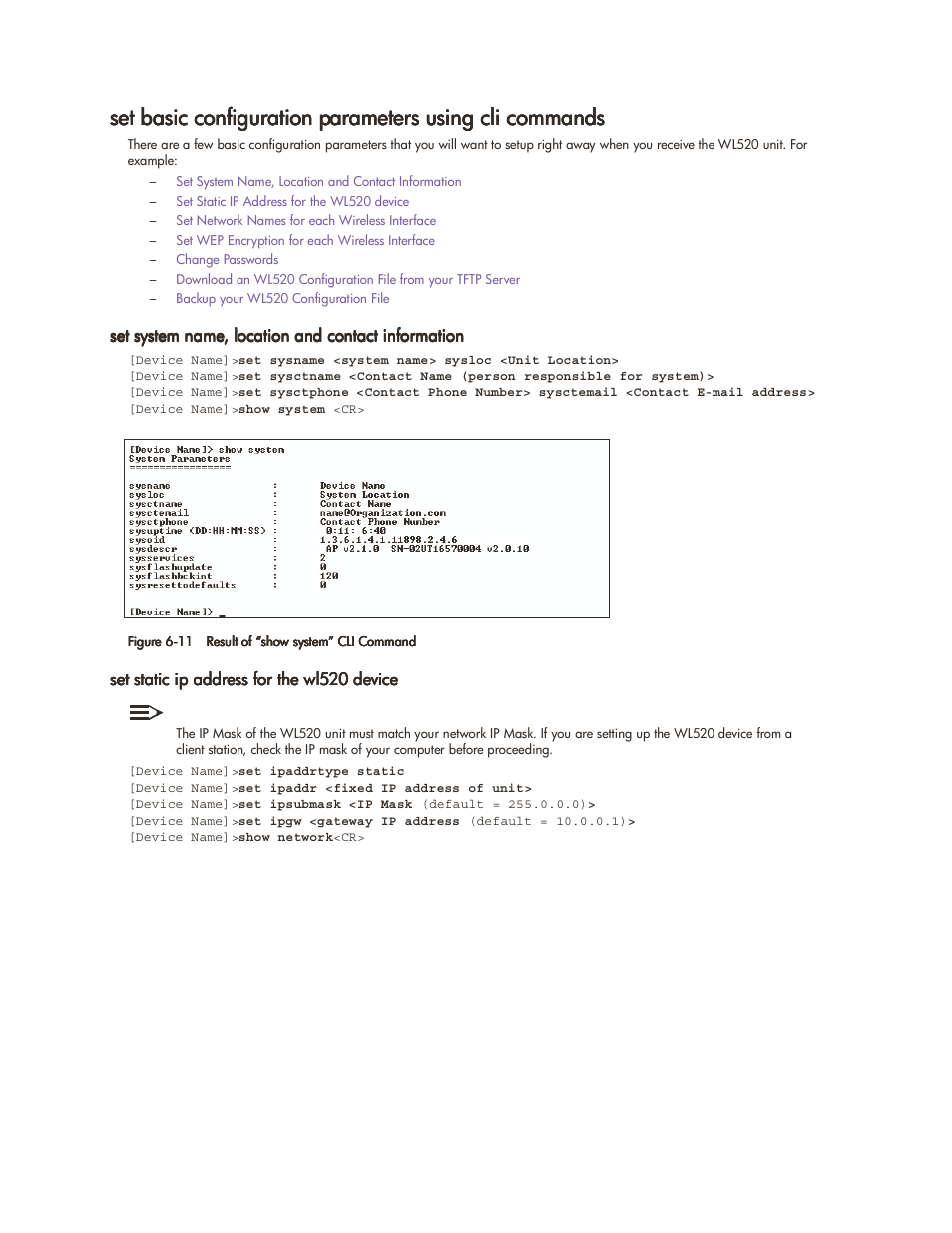 Set system name, location and contact information, Set static ip address for the wl520 device | HP ProCurve 520wl Wireless Access Point User Manual | Page 97 / 142